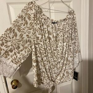 I.N. Studio Cream and Brown Leaf Print Blouse